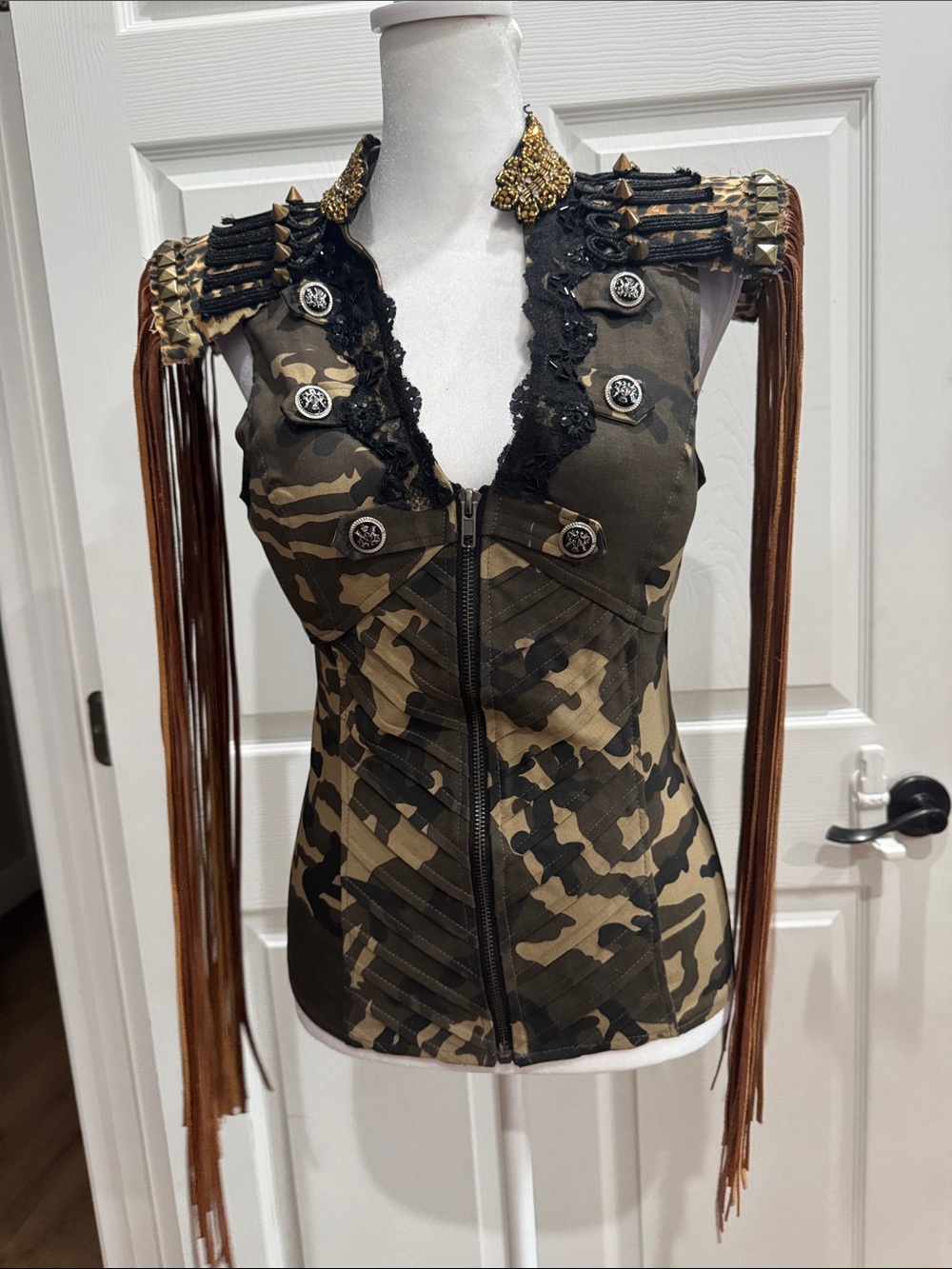 Military-Inspired Camo Fringe Zip Front Women's Top